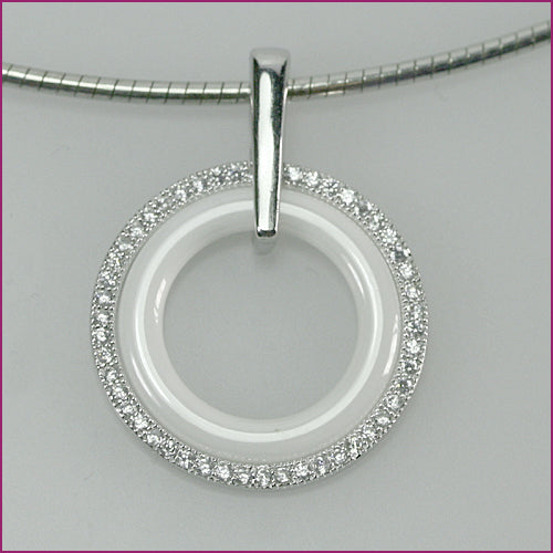 925 Silber Anhänger mit Weißem Zirkonia und weißem Keramikring