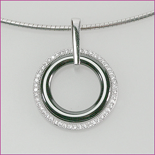 925 Silber Anhänger mit Weißem Zirkonia und schwarzem Keramikring