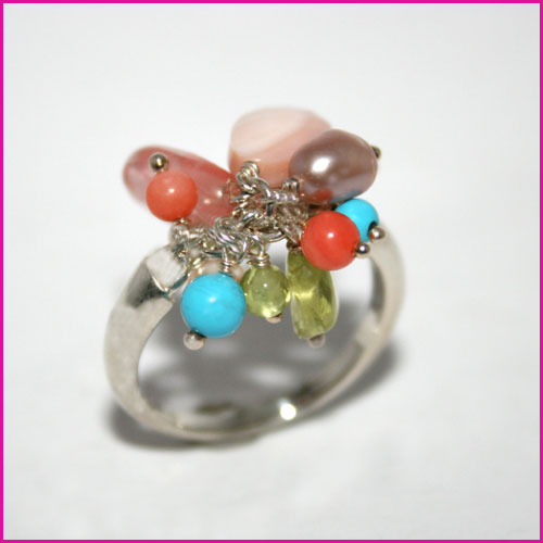925 Silber Ring mit Rosenquarz. Peridot. Türkis. SWP